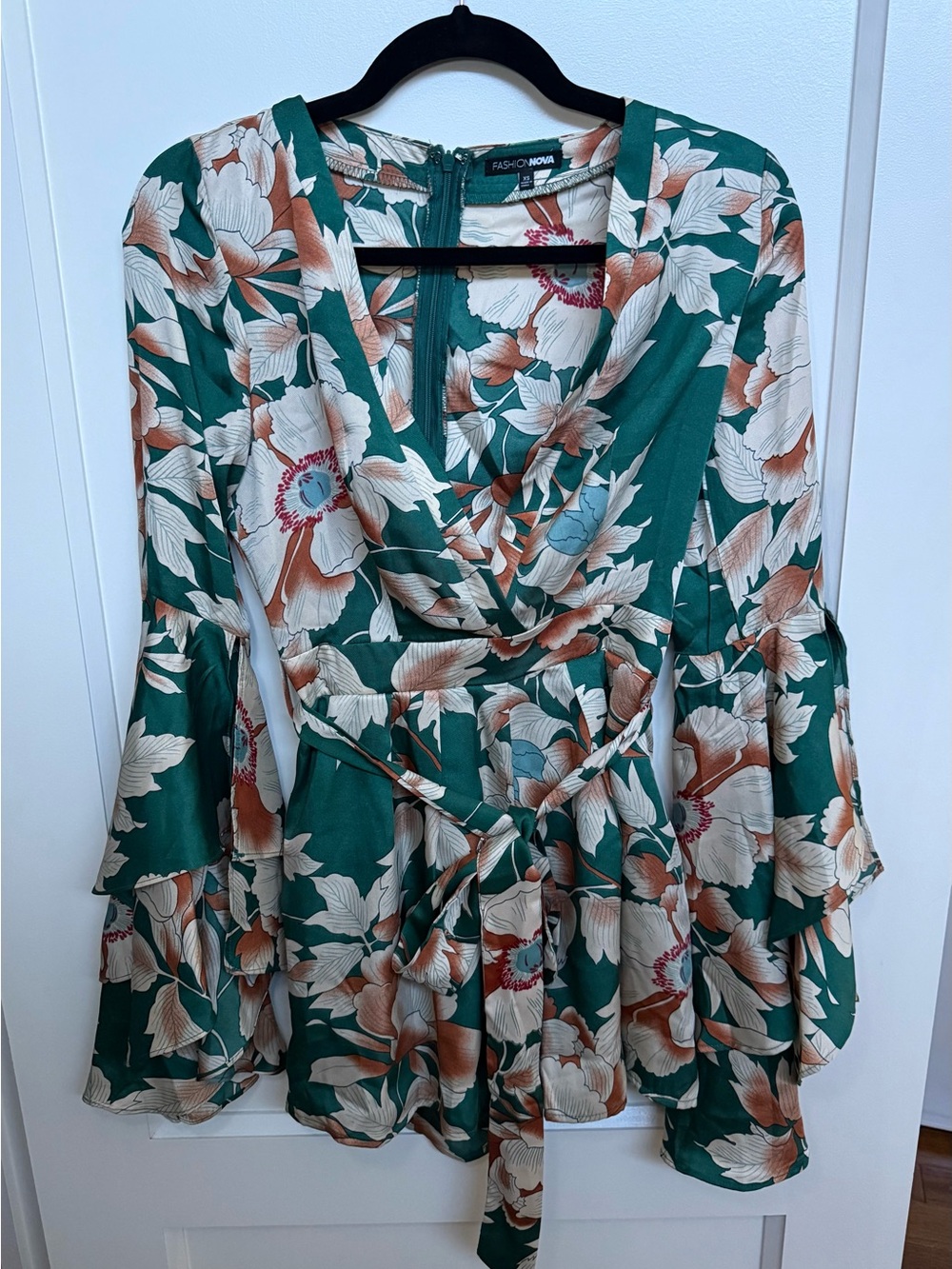 Fashion Nova Green Floral Romper with Bell Sleeves